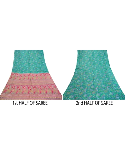 Sanskriti Vintage Sarees From India Green Pure Silk Printed Sari Craft Fabric, PR-61641-Green-Pure Silk-4
