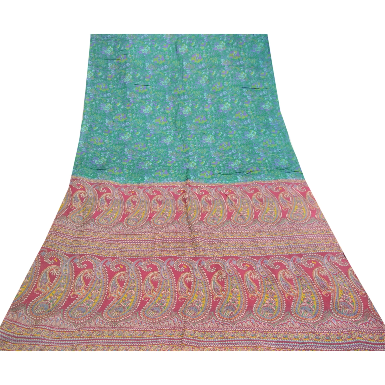 Sanskriti Vintage Sarees From India Green Pure Silk Printed Sari Craft Fabric, PR-61641-Green-Pure Silk-7