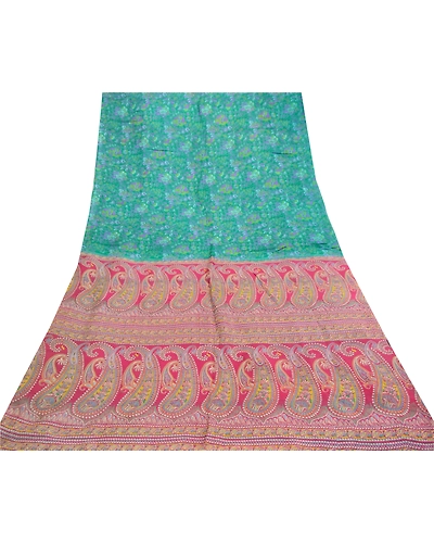 Sanskriti Vintage Sarees From India Green Pure Silk Printed Sari Craft Fabric, PR-61641-Green-Pure Silk-7