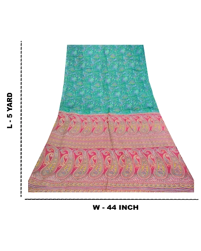 Sanskriti Vintage Sarees From India Green Pure Silk Printed Sari Craft Fabric, PR-61641-Green-Pure Silk-8