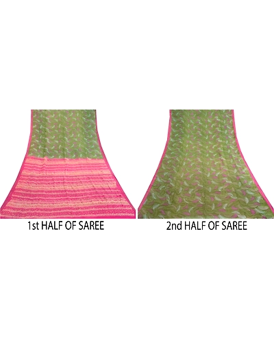 Sanskriti Vintage Sarees Green 100% Pure Silk Printed Sari Floral Craft Fabric, PR-61643-Green-Pure Silk-4
