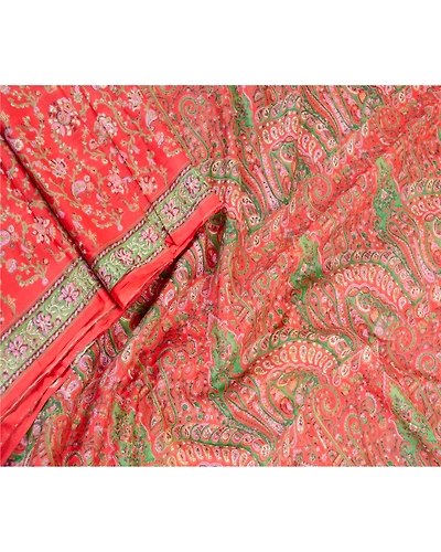 Sanskriti Vintage Sarees Red 100% Pure Silk Printed Sari Floral 5Yd Craft Fabric, PR-61649-Red-Pure Silk-1