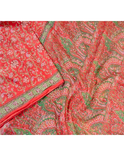 Sanskriti Vintage Sarees Red 100% Pure Silk Printed Sari Floral 5Yd Craft Fabric, PR-61649-Red-Pure Silk-2