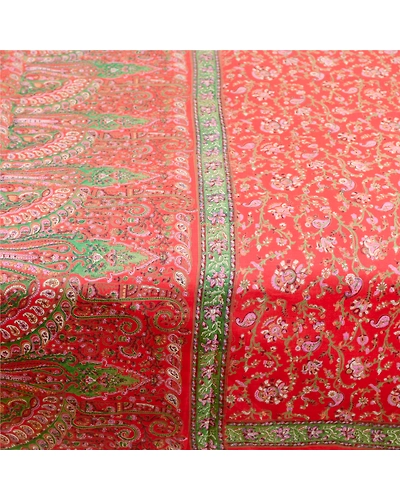 Sanskriti Vintage Sarees Red 100% Pure Silk Printed Sari Floral 5Yd Craft Fabric, PR-61649-Red-Pure Silk-3