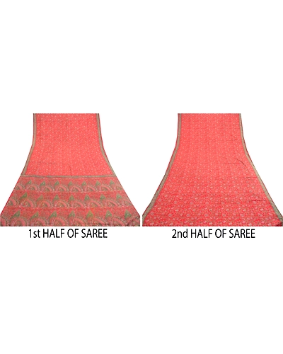 Sanskriti Vintage Sarees Red 100% Pure Silk Printed Sari Floral 5Yd Craft Fabric, PR-61649-Red-Pure Silk-4