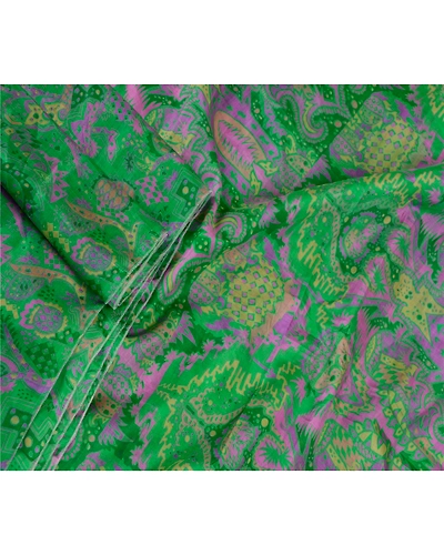 Sanskriti Vintage Sarees Green Pure Silk Printed Zari Border Sari Craft Fabric, PR-61651-Green-Pure Silk-1