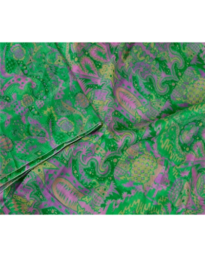 Sanskriti Vintage Sarees Green Pure Silk Printed Zari Border Sari Craft Fabric, PR-61651-Green-Pure Silk-2