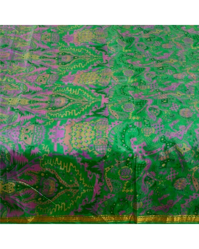 Sanskriti Vintage Sarees Green Pure Silk Printed Zari Border Sari Craft Fabric, PR-61651-Green-Pure Silk-3