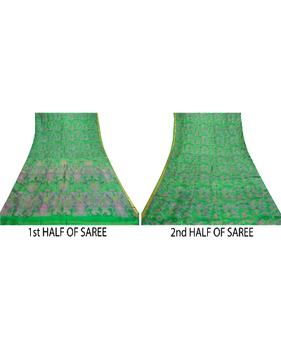 Sanskriti Vintage Sarees Green Pure Silk Printed Zari Border Sari Craft Fabric, PR-61651-Green-Pure Silk-4