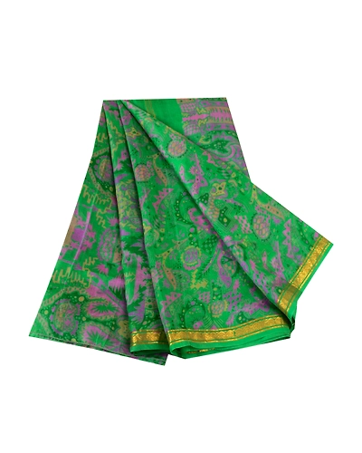 Sanskriti Vintage Sarees Green Pure Silk Printed Zari Border Sari Craft Fabric, PR-61651-Green-Pure Silk-6