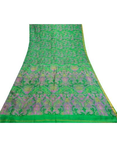 Sanskriti Vintage Sarees Green Pure Silk Printed Zari Border Sari Craft Fabric, PR-61651-Green-Pure Silk-7