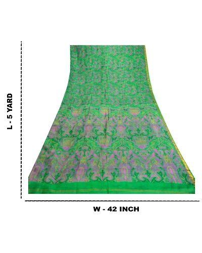 Sanskriti Vintage Sarees Green Pure Silk Printed Zari Border Sari Craft Fabric, PR-61651-Green-Pure Silk-8