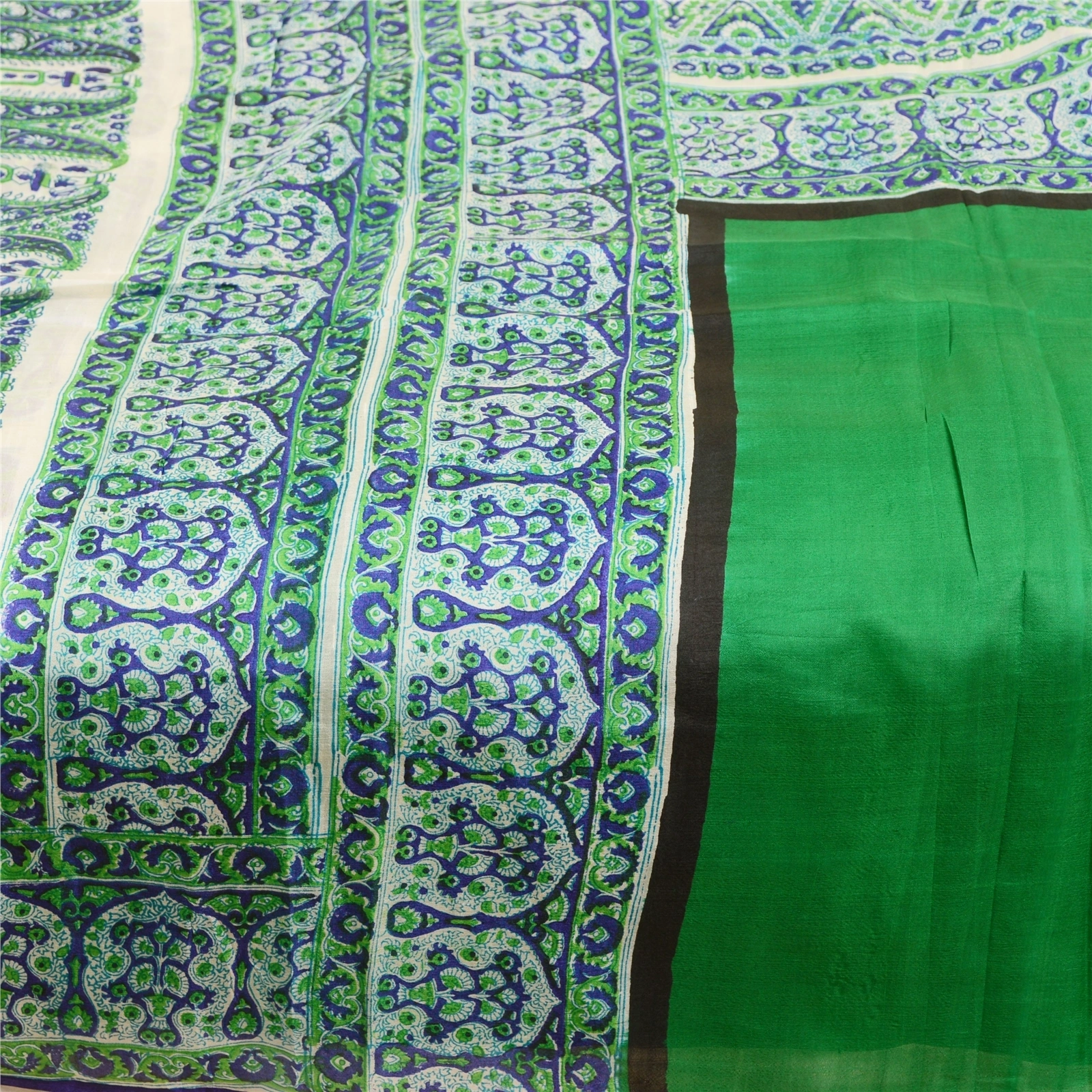 Sanskriti Vintage Sarees From India Green Pure Silk Printed Sari Craft Fabric, PR-61661-Green-Pure Silk-3