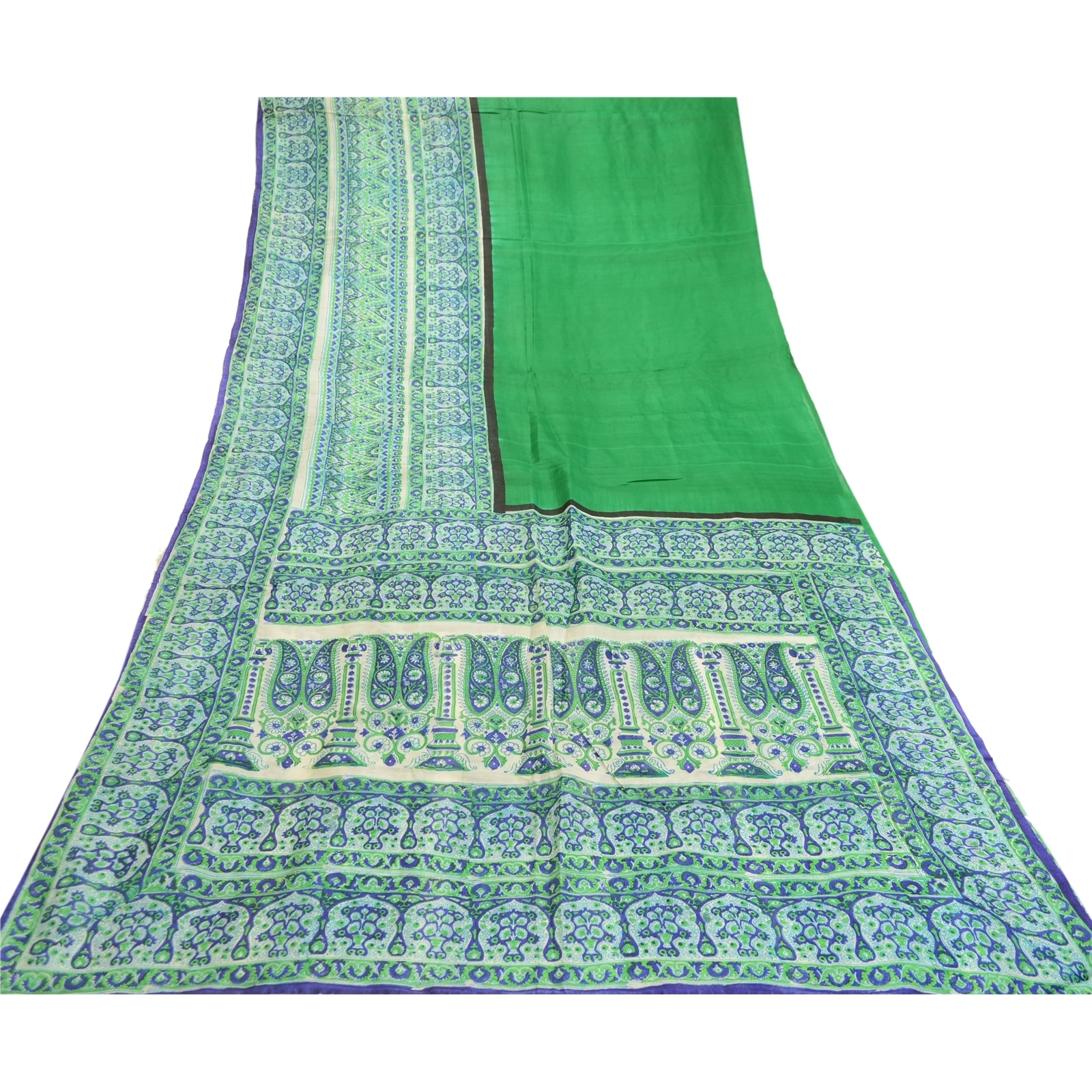 Sanskriti Vintage Sarees From India Green Pure Silk Printed Sari Craft Fabric, PR-61661-Green-Pure Silk-7