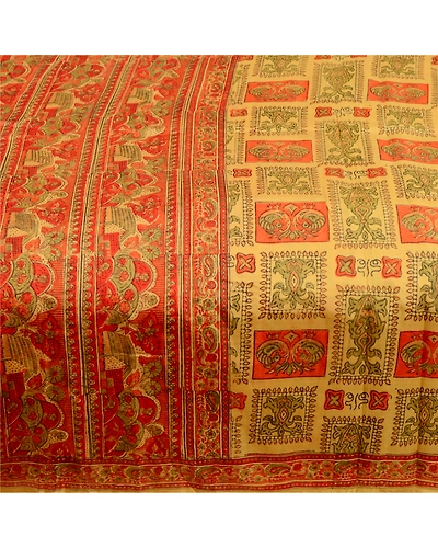 Sanskriti Vintage Sarees Green Pure Silk Peacock Printed Sari Soft Craft Fabric, PR-61671-Green-Pure Silk-3