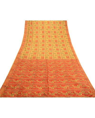 Sanskriti Vintage Sarees Green Pure Silk Peacock Printed Sari Soft Craft Fabric, PR-61671-Green-Pure Silk-7