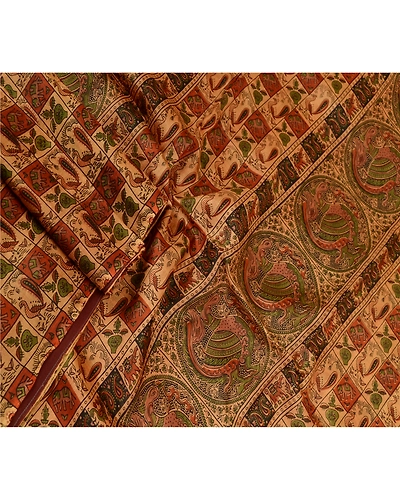 Sanskriti Vintage Sarees Animal Printed Pure Silk Brown Sari 5Yd Craft Fabric, PR-61692-Brown-Pure Silk-1