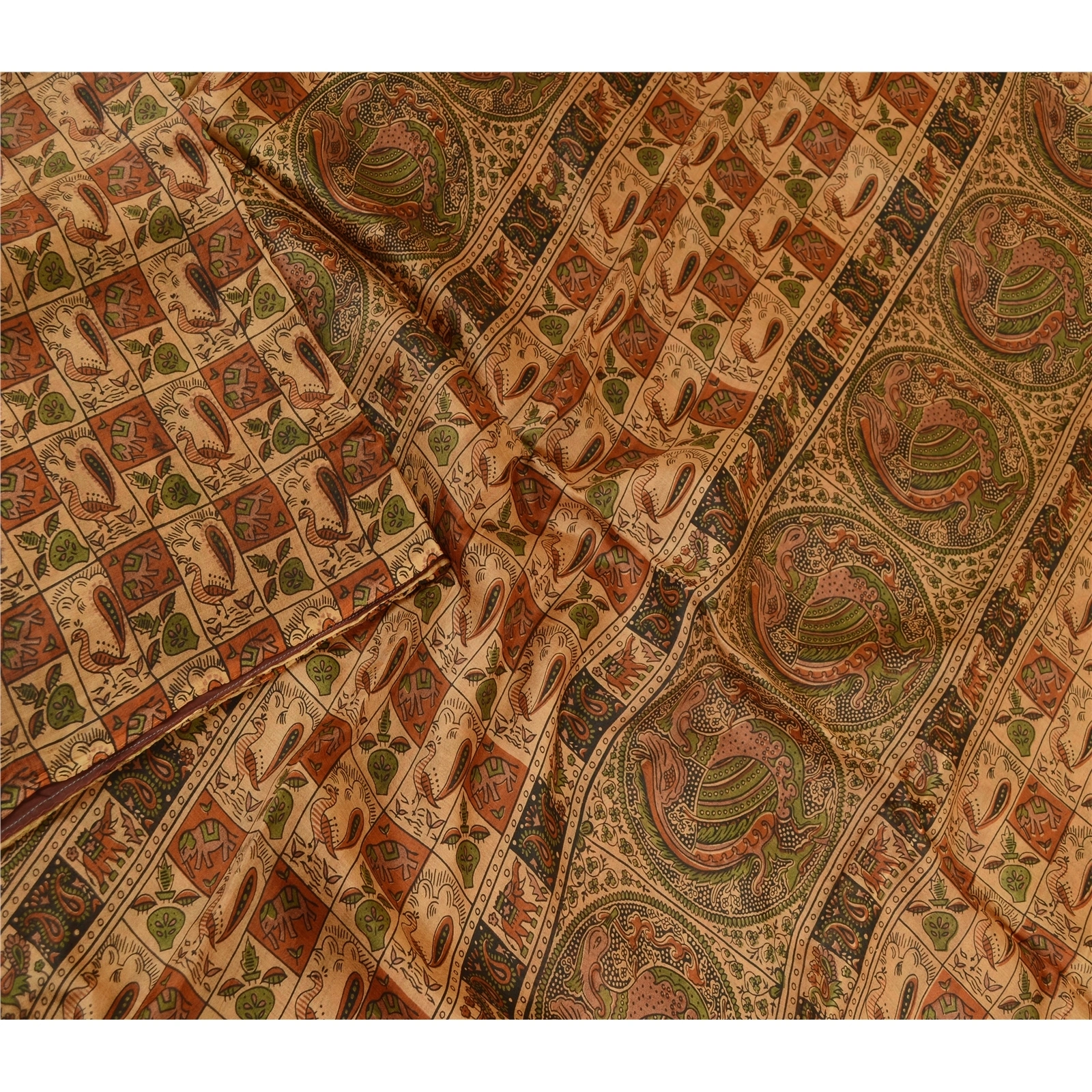 Sanskriti Vintage Sarees Animal Printed Pure Silk Brown Sari 5Yd Craft Fabric, PR-61692-Brown-Pure Silk-2