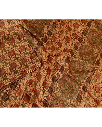 Sanskriti Vintage Sarees Animal Printed Pure Silk Brown Sari 5Yd Craft Fabric, PR-61692-Brown-Pure Silk-2