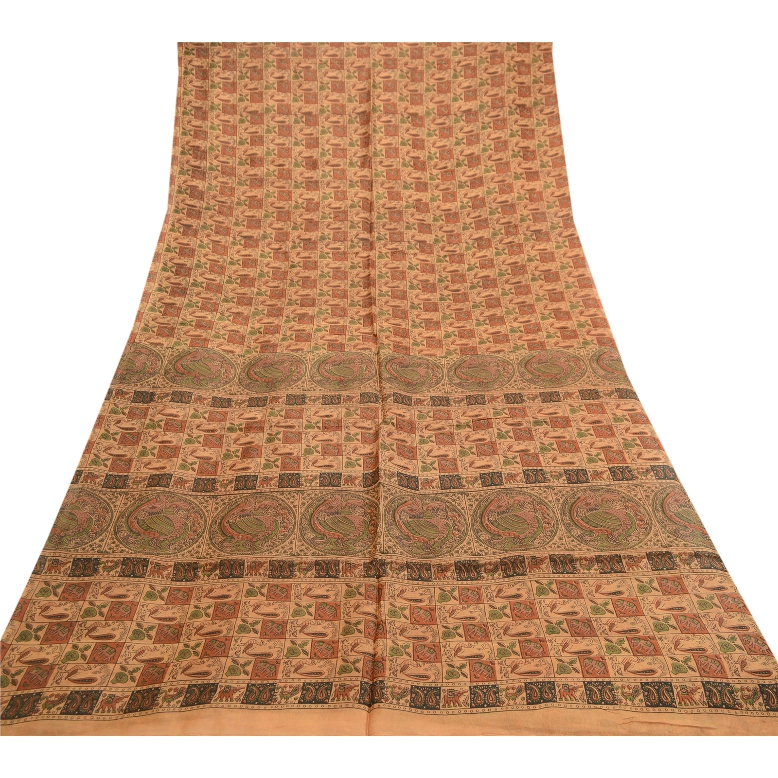 Sanskriti Vintage Sarees Animal Printed Pure Silk Brown Sari 5Yd Craft Fabric, PR-61692-Brown-Pure Silk-7