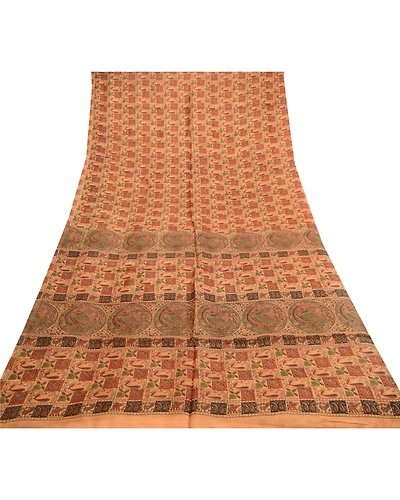 Sanskriti Vintage Sarees Animal Printed Pure Silk Brown Sari 5Yd Craft Fabric, PR-61692-Brown-Pure Silk-7