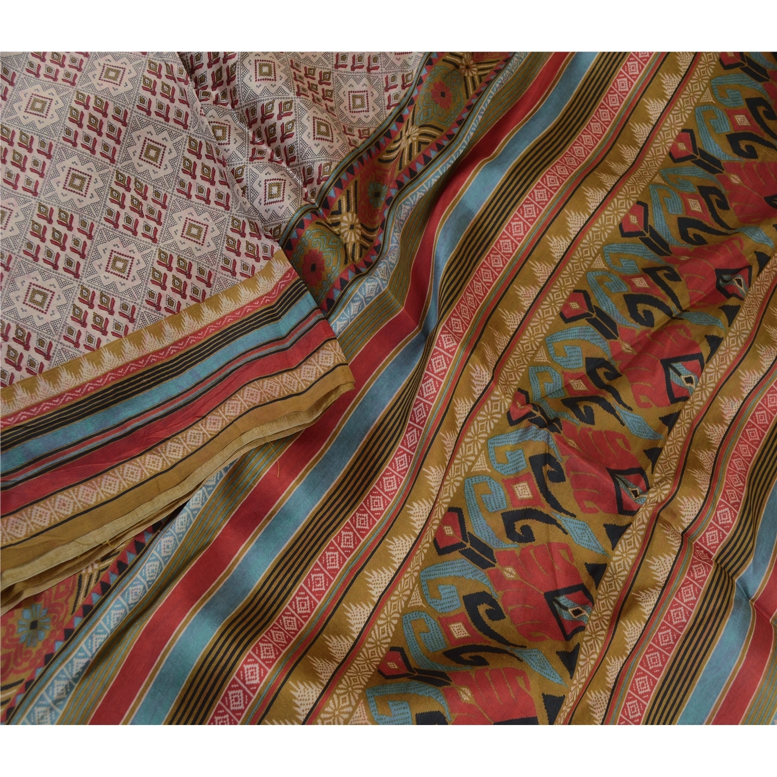 Sanskriti Vintage Sarees Multi Indian Pure Silk Printed Sari Soft Craft Fabric, PR-61701-Multi-Pure Silk-2