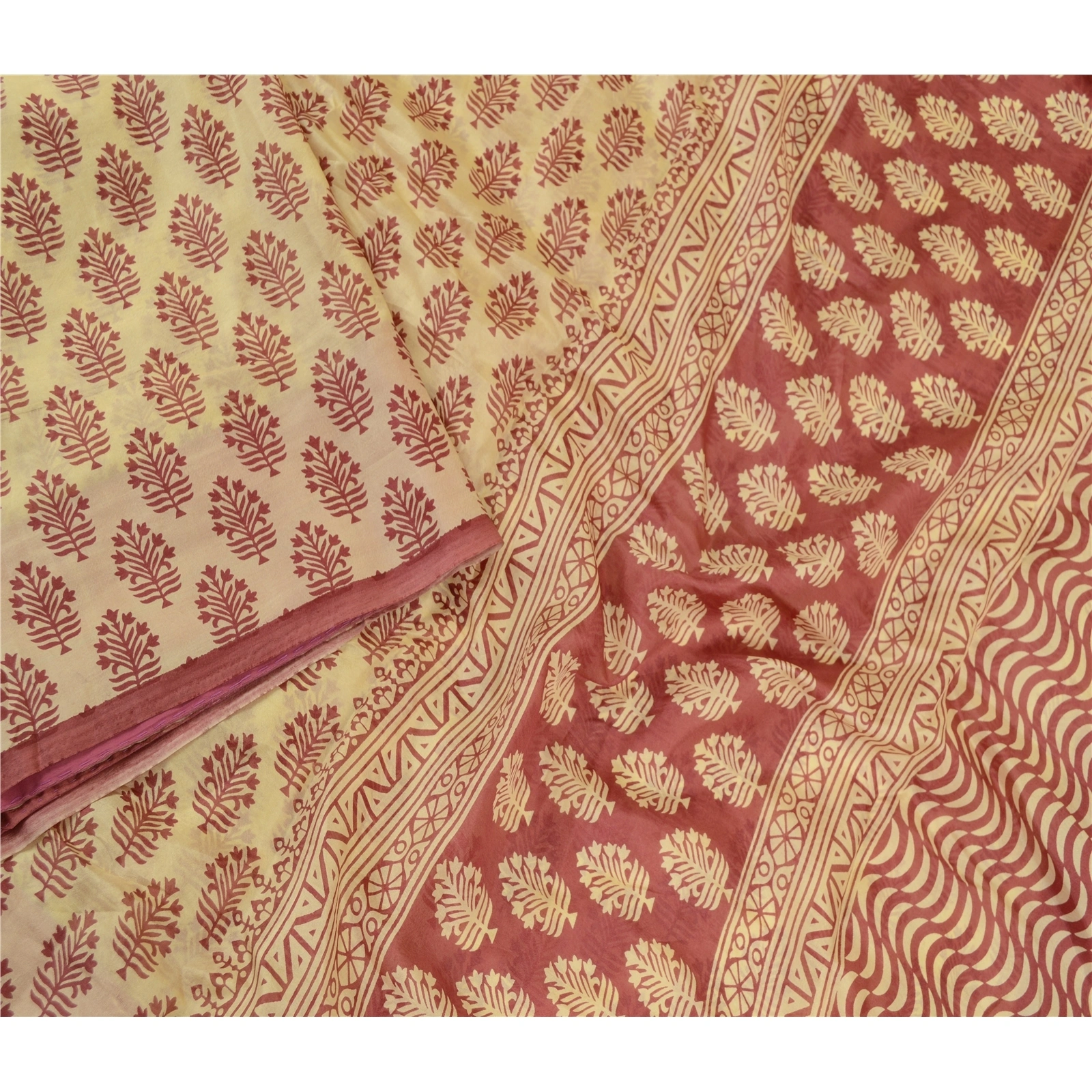 Sanskriti Vintage Sarees Block Printed Cream Pure Silk Sari Soft Craft Fabric, PR-61711-Cream-Pure Silk-1