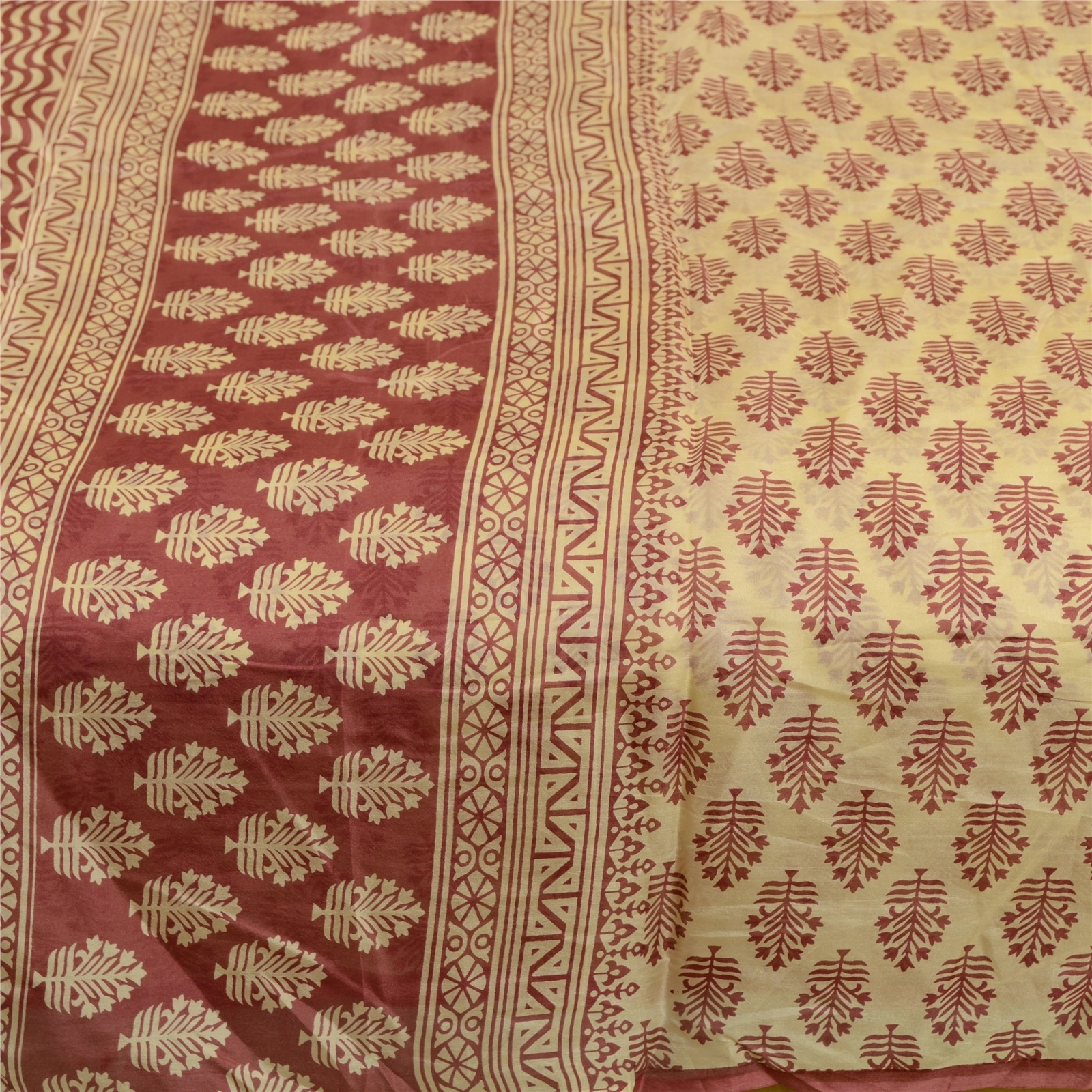 Sanskriti Vintage Sarees Block Printed Cream Pure Silk Sari Soft Craft Fabric, PR-61711-Cream-Pure Silk-3