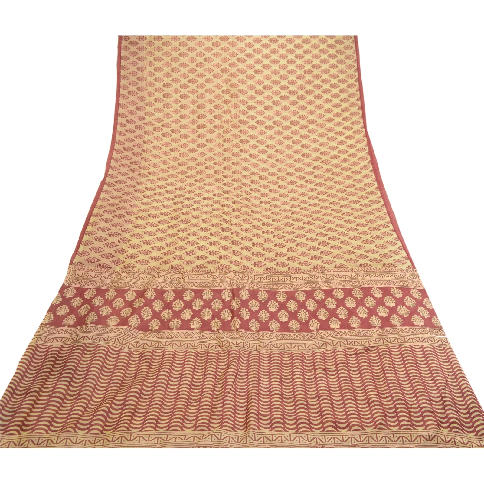 Sanskriti Vintage Sarees Block Printed Cream Pure Silk Sari Soft Craft Fabric, PR-61711-Cream-Pure Silk-7