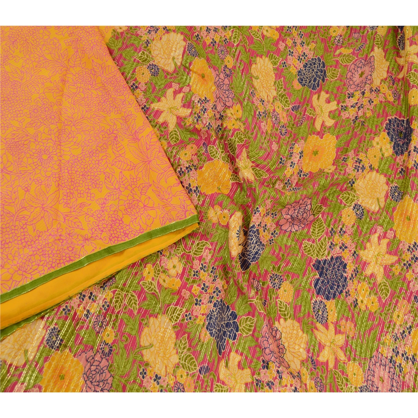 Sanskriti Vintage Sarees Yellow Pure Silk Printed Sari 5Yd Floral Craft Fabric, PR-61715-Yellow-Pure Silk-1