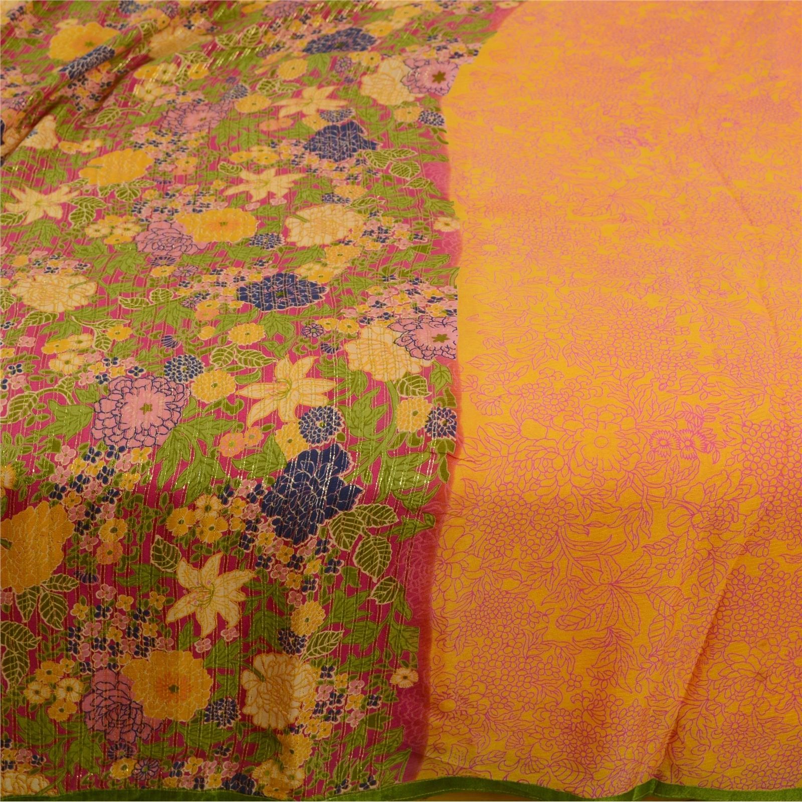 Sanskriti Vintage Sarees Yellow Pure Silk Printed Sari 5Yd Floral Craft Fabric, PR-61715-Yellow-Pure Silk-3