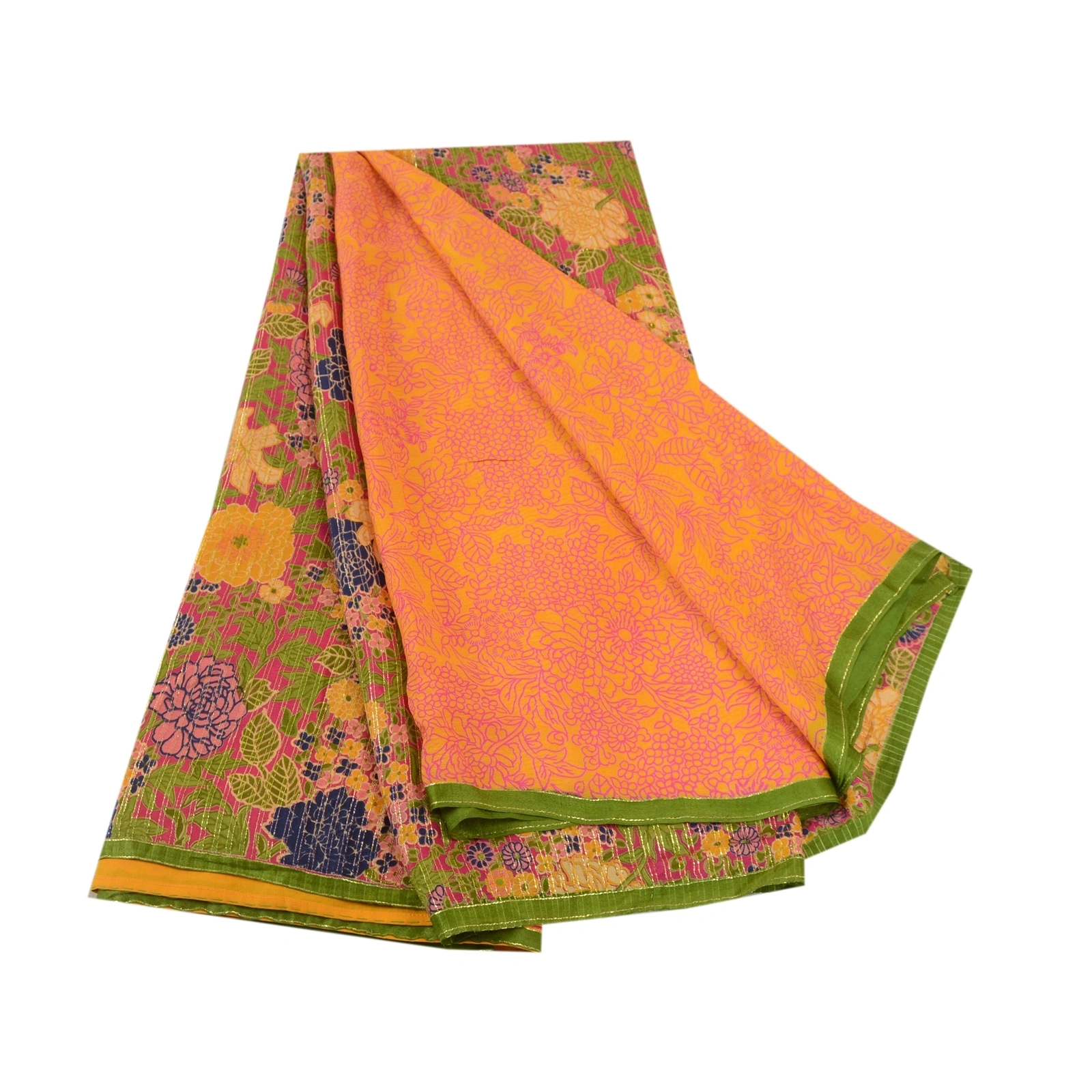 Sanskriti Vintage Sarees Yellow Pure Silk Printed Sari 5Yd Floral Craft Fabric, PR-61715-Yellow-Pure Silk-6