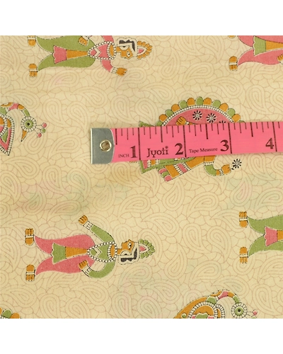 Sanskriti Vintage Sarees Cream Madhubani Printed Pure Silk Sari 5Yd Craft Fabric, PR-61721-Cream-Pure Silk-1