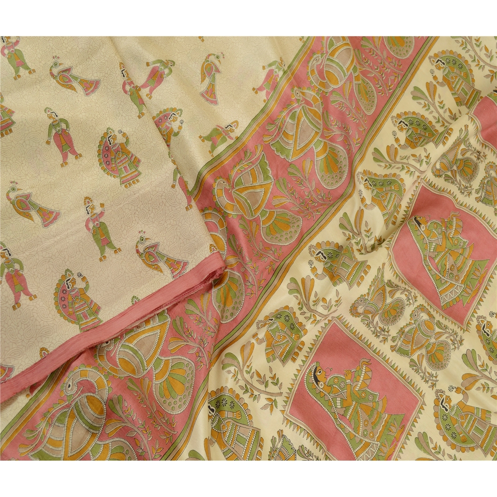 Sanskriti Vintage Sarees Cream Madhubani Printed Pure Silk Sari 5Yd Craft Fabric, PR-61721-Cream-Pure Silk-2