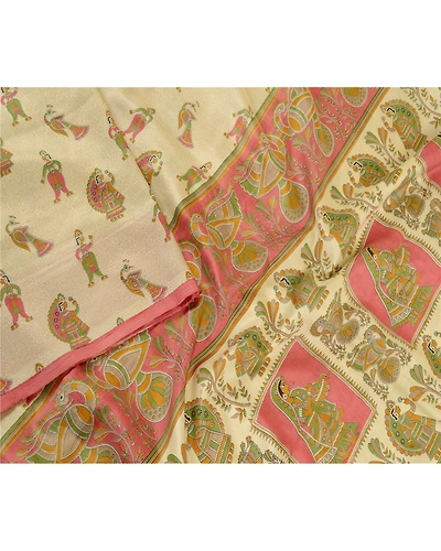 Sanskriti Vintage Sarees Cream Madhubani Printed Pure Silk Sari 5Yd Craft Fabric, PR-61721-Cream-Pure Silk-2