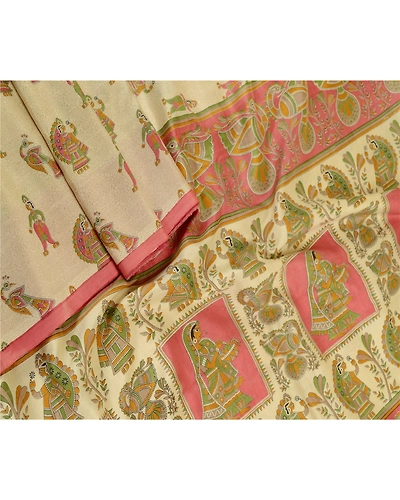 Sanskriti Vintage Sarees Cream Madhubani Printed Pure Silk Sari 5Yd Craft Fabric, PR-61721-Cream-Pure Silk-3