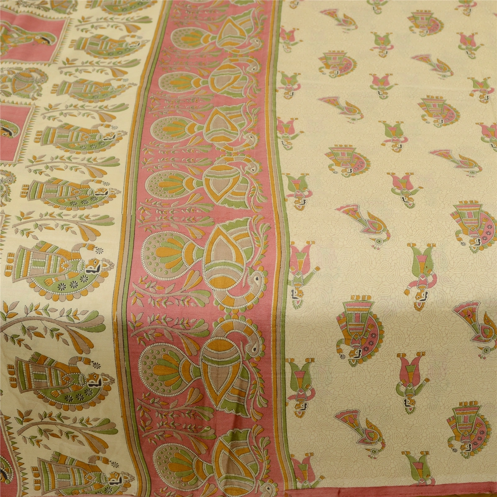 Sanskriti Vintage Sarees Cream Madhubani Printed Pure Silk Sari 5Yd Craft Fabric, PR-61721-Cream-Pure Silk-4