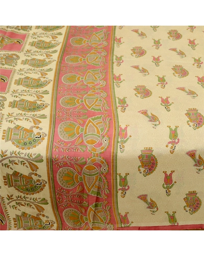 Sanskriti Vintage Sarees Cream Madhubani Printed Pure Silk Sari 5Yd Craft Fabric, PR-61721-Cream-Pure Silk-4