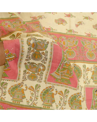 Sanskriti Vintage Sarees Cream Madhubani Printed Pure Silk Sari 5Yd Craft Fabric, PR-61721-Cream-Pure Silk-6
