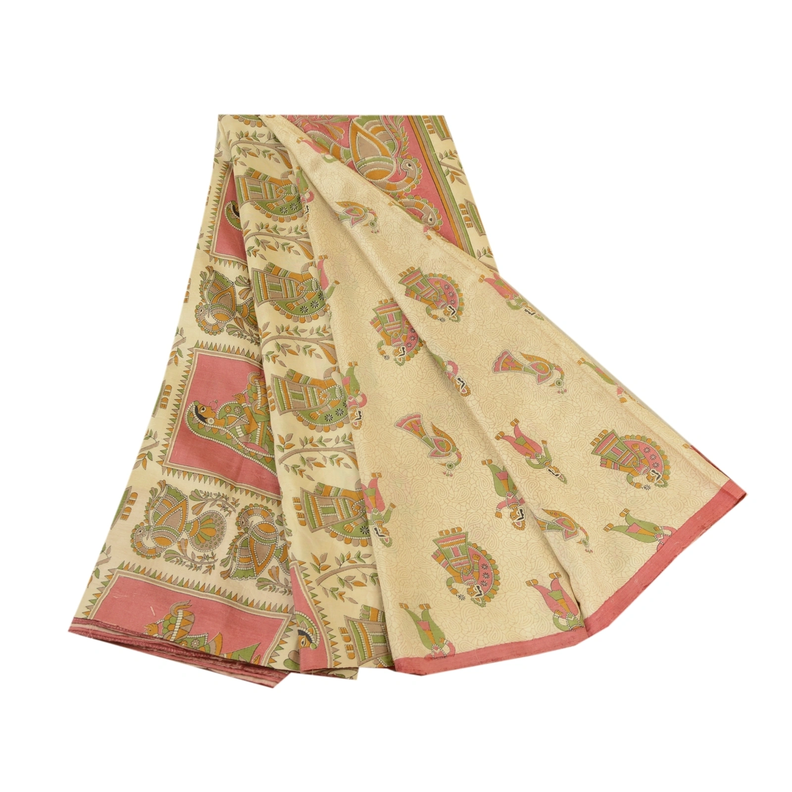 Sanskriti Vintage Sarees Cream Madhubani Printed Pure Silk Sari 5Yd Craft Fabric, PR-61721-Cream-Pure Silk-7