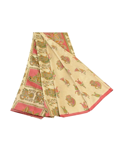 Sanskriti Vintage Sarees Cream Madhubani Printed Pure Silk Sari 5Yd Craft Fabric, PR-61721-Cream-Pure Silk-7