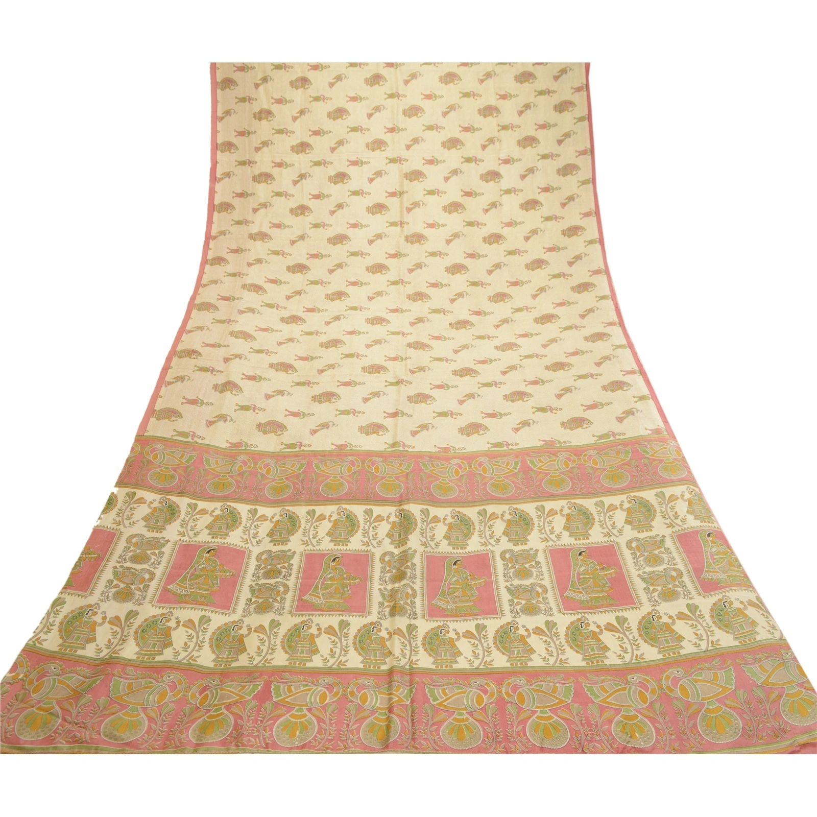 Sanskriti Vintage Sarees Cream Madhubani Printed Pure Silk Sari 5Yd Craft Fabric, PR-61721-Cream-Pure Silk-8