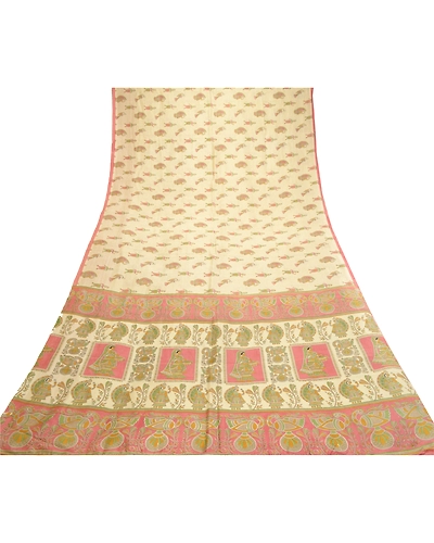 Sanskriti Vintage Sarees Cream Madhubani Printed Pure Silk Sari 5Yd Craft Fabric, PR-61721-Cream-Pure Silk-8