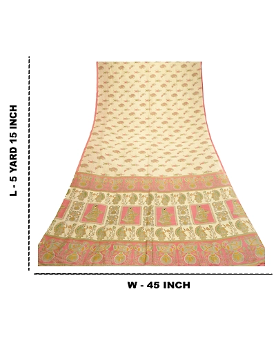 Sanskriti Vintage Sarees Cream Madhubani Printed Pure Silk Sari 5Yd Craft Fabric, PR-61721-Cream-Pure Silk-9