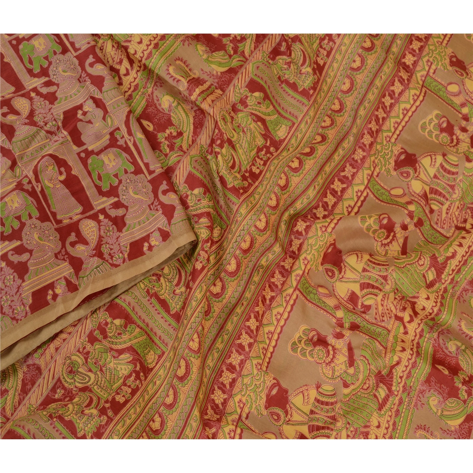 Sanskriti Vintage Sarees Red Human Animal Pure Silk Printed Sari Craft Fabric, PR-61727-Red-Pure Silk-1