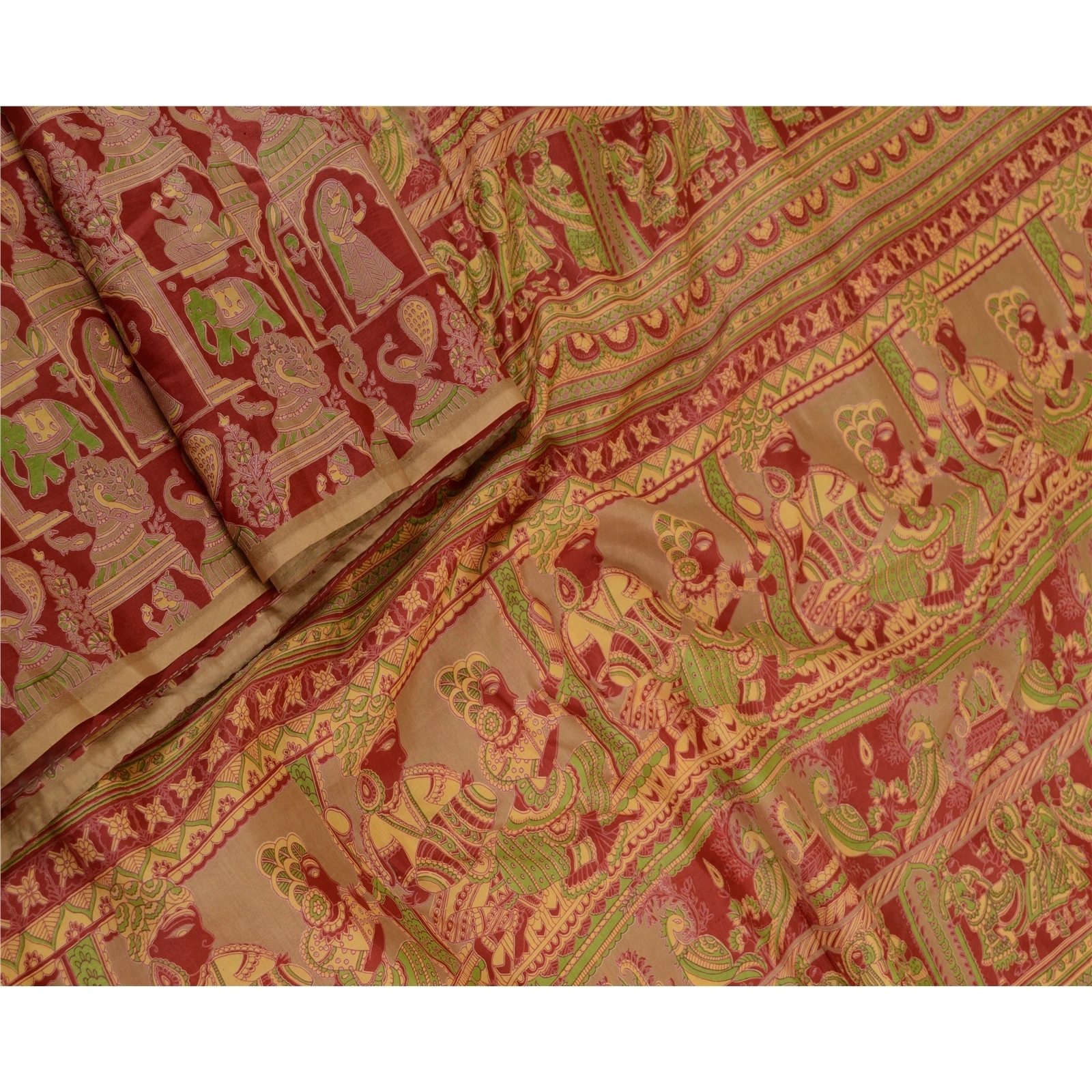 Sanskriti Vintage Sarees Red Human Animal Pure Silk Printed Sari Craft Fabric, PR-61727-Red-Pure Silk-2