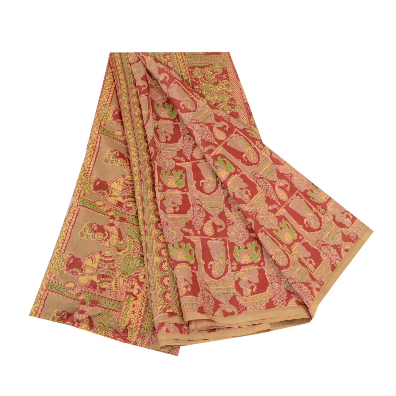 Sanskriti Vintage Sarees Red Human Animal Pure Silk Printed Sari Craft Fabric, PR-61727-Red-Pure Silk-6