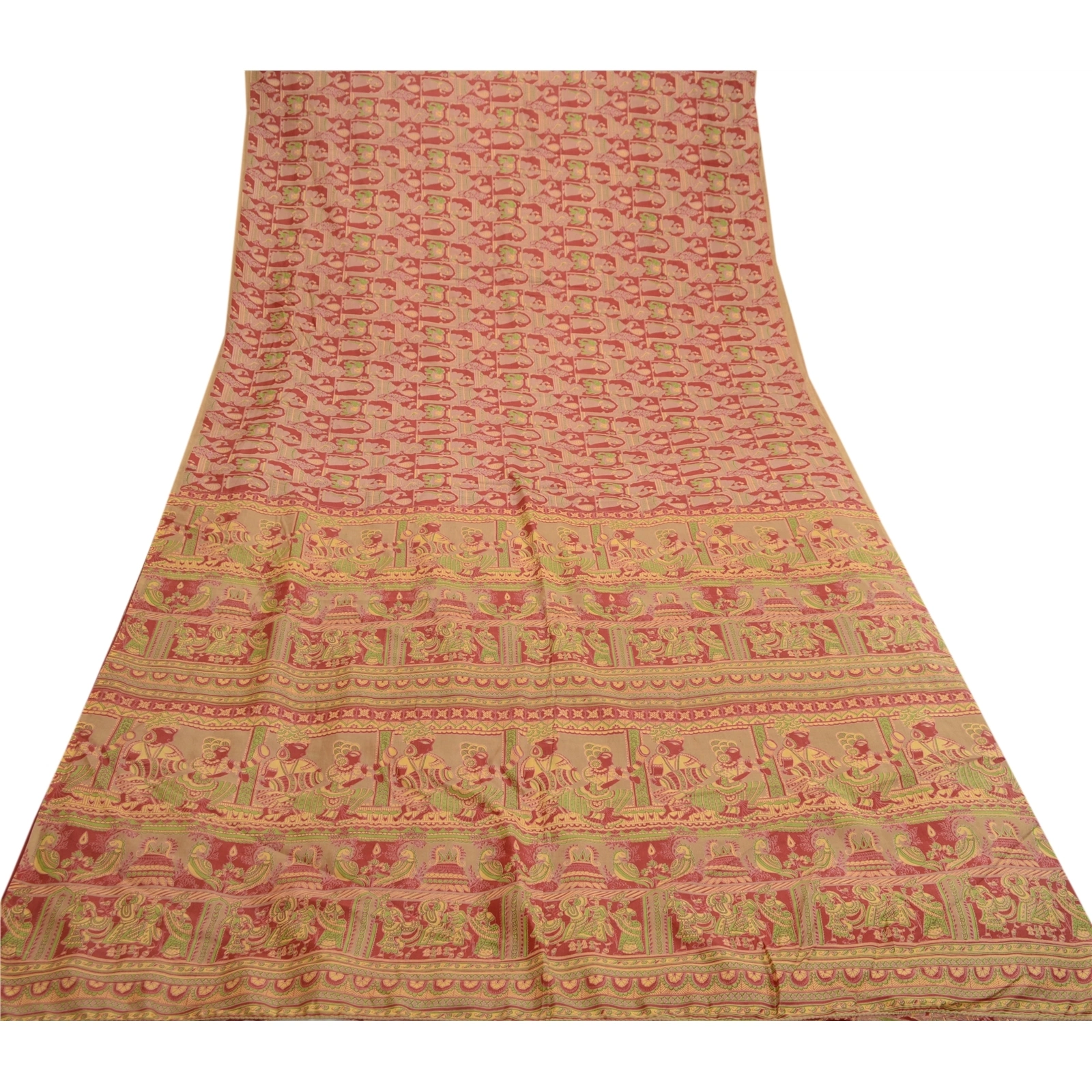 Sanskriti Vintage Sarees Red Human Animal Pure Silk Printed Sari Craft Fabric, PR-61727-Red-Pure Silk-7