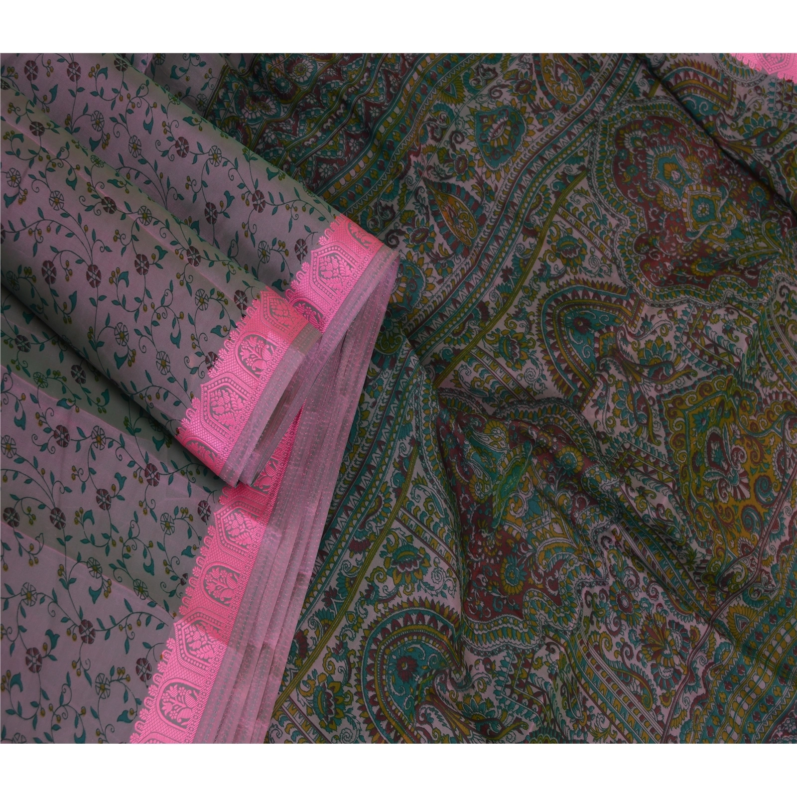 Sanskriti Vintage Sarees Pink Satin Printed Sari Floral Soft 5Yd Craft Fabric, PR-61742-Shades Of Pink-Poly Satin-2