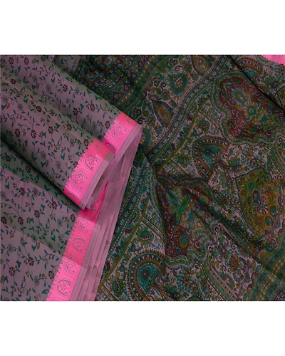 Sanskriti Vintage Sarees Pink Satin Printed Sari Floral Soft 5Yd Craft Fabric, PR-61742-Shades Of Pink-Poly Satin-2